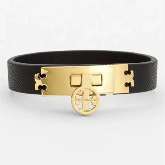 Tory Burch Logo Turnlock Leather Bracelet Black and Gold