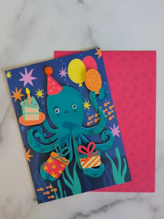 Octopus Birthday Card in Teal and Navy