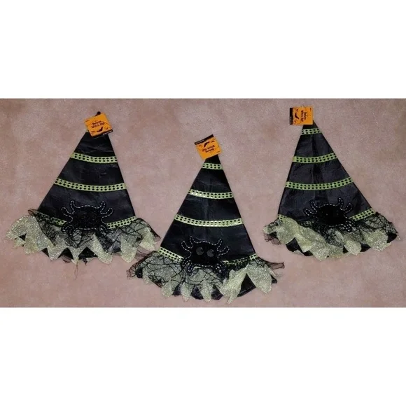NWT Lot 3 Girls' Deluxe Witch Hat Black Spider Green Stripes Halloween Costume