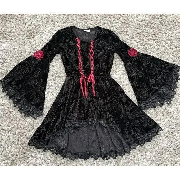 Gothic Velvet Lace Bell Sleeve Dress Girls S Black Witchy Renaissance Costume