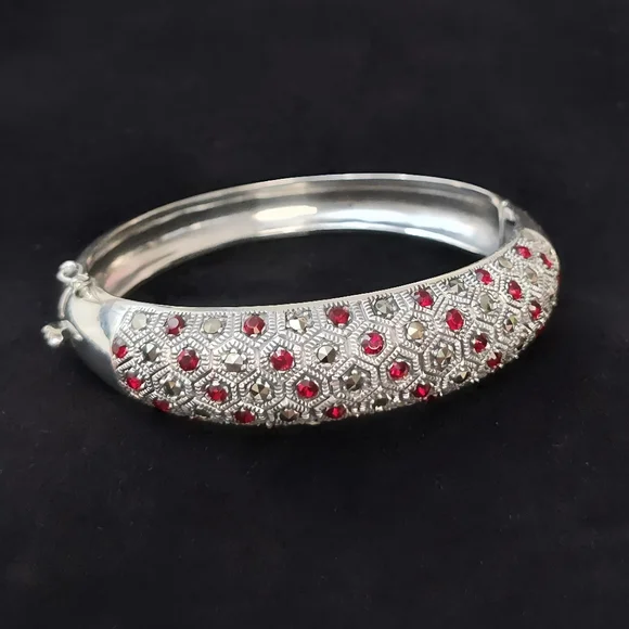 1930's Art Deco Sterling Silver Red Paste Rhinestone Marcasite Hinged Bracelet