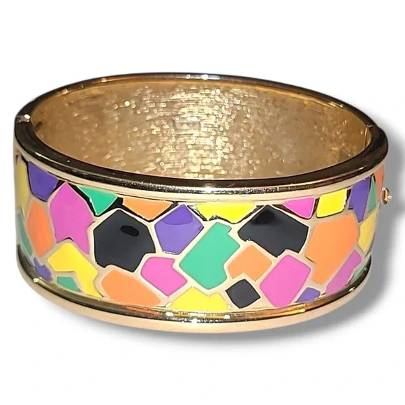 Erwin Pearl Colorful Enamel Mosaic Hinged Bangle Bracelet Gold Tone‎ Wide