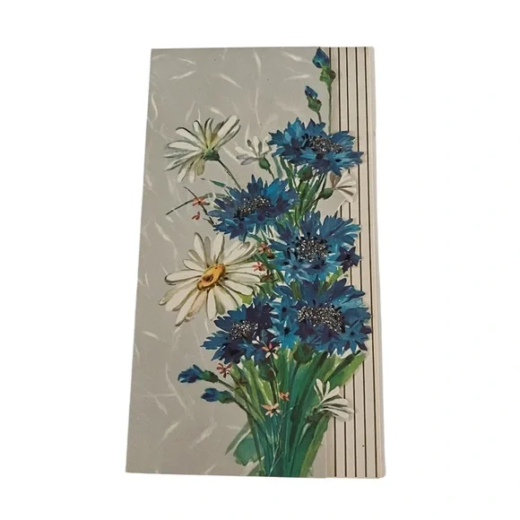 Unused Vintage Greeting Card Slim Just Because Daisy Wildflowers Glitter Diecut