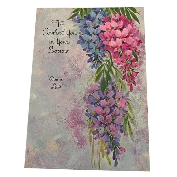 Unused Vintage Greeting Card Sympathy Watercolor Floral God Is Love Religious