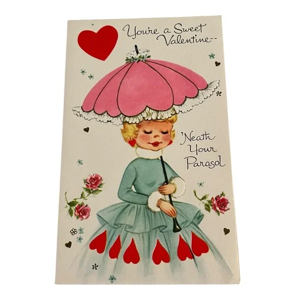 Unused Vintage Sangamon Valentine Greeting Card Woman Under a Parasol Doll