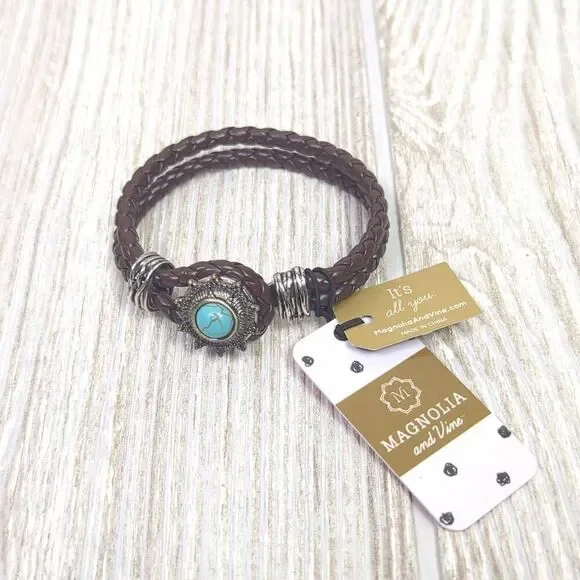 Magnolia and Vine Womens Leather Corded Snap Bracelet with Turquoise Stone NWT