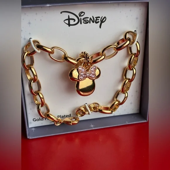 Disney Gold Bracelet with Pink Bow Charm