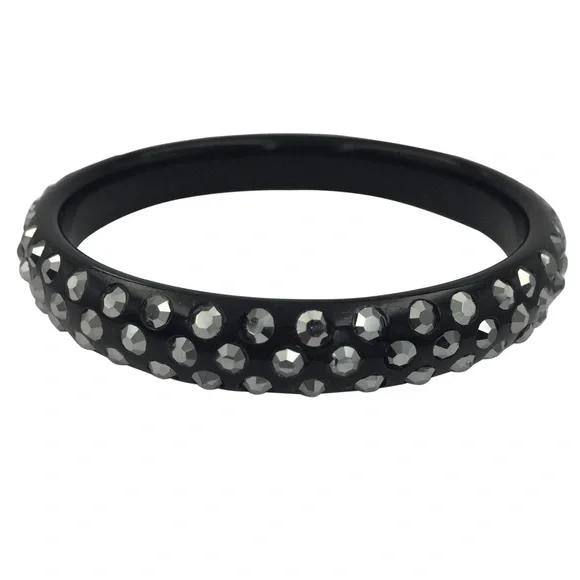 Black Acrylic with Hematite Grey Rhinestones Bangle Bracelet