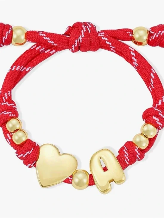 NEW 14K Gold Plated Red Heart & Initial Bracelet with Gold Accents