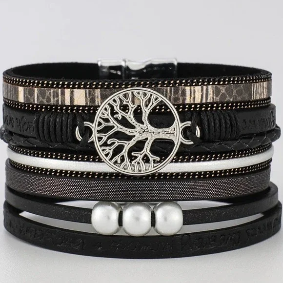 Multilayer Leather Bangle Magnetic Clasp Bracelet for Men or Women 7.5in‎ Black
