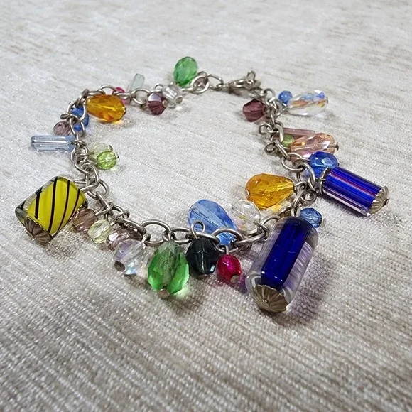 Colorful Glass Beaded Charm Bracelet Boho Fun Fairycore Trinket Jewelry 8 in