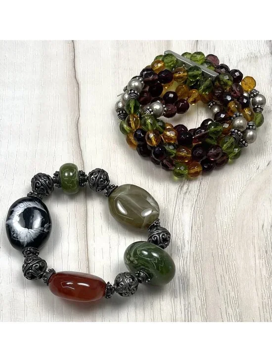 Lot 2 Handmade Beaded Stone Stretchy Bohemian Jewel Tone BRACELETS Sterling EUC