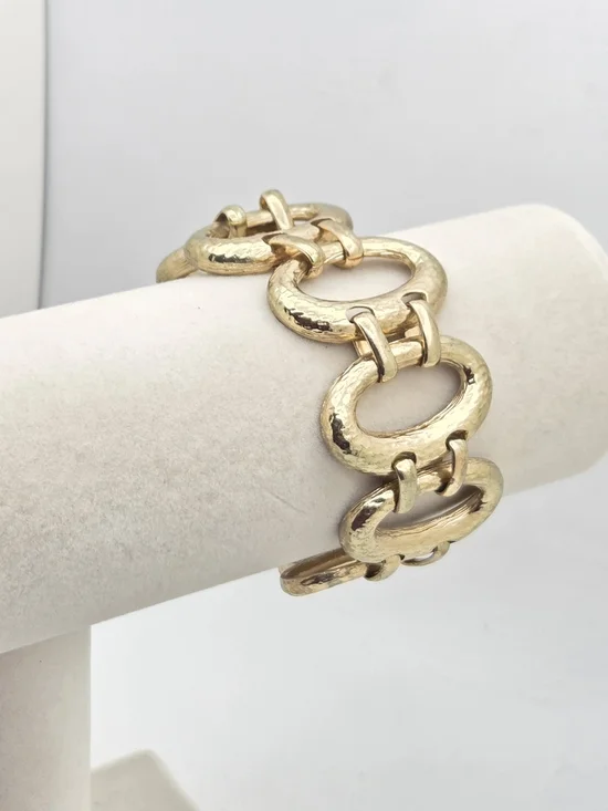 Vintage Hammered Gold Tone Oval Link Statement Bracelet