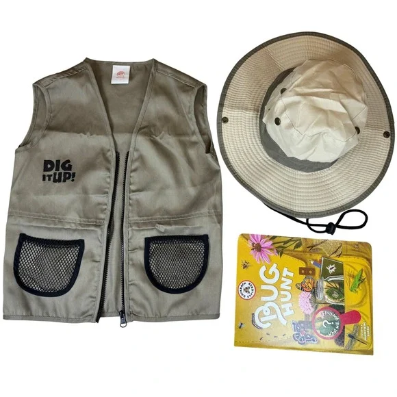 MindWare Dig It Up! Kids Explorer Vest Hat and Bug Hunt Book Adventure Set Tan
