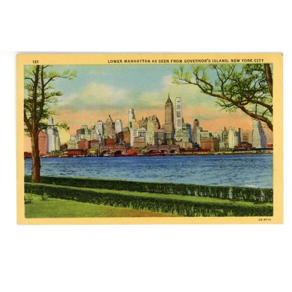 Vintage Postcard Lower Manhattan Governors Island New‎ York City NYC Curteich