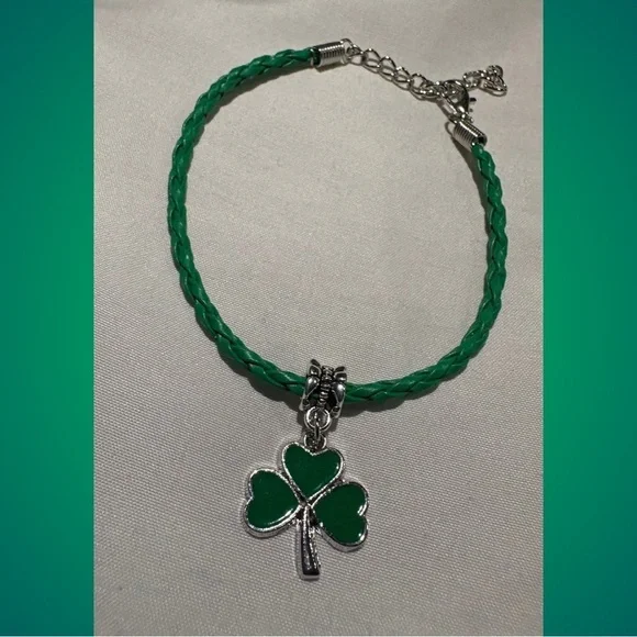 3 LEAF CLOVER | Silver Toned Lucky Irish Shamrock Charm on Rope Woven Bracelet