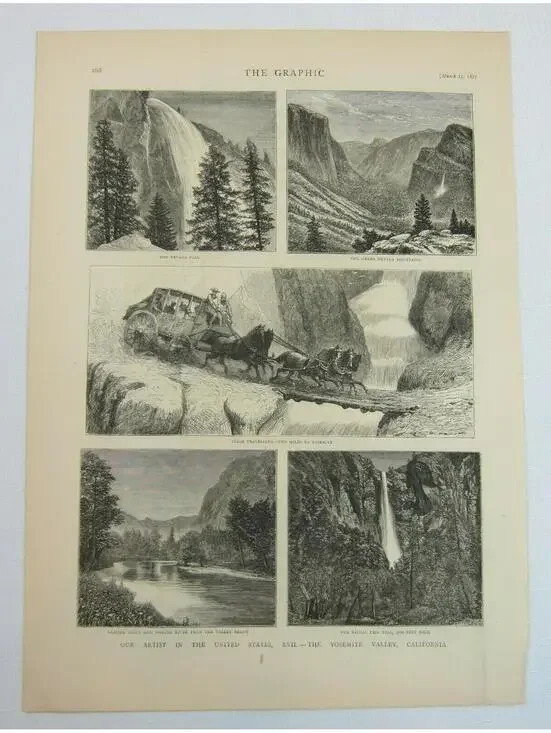 Antique 1877 Print Yosemite Valley California Nevada Fall Sierra, The Graphic