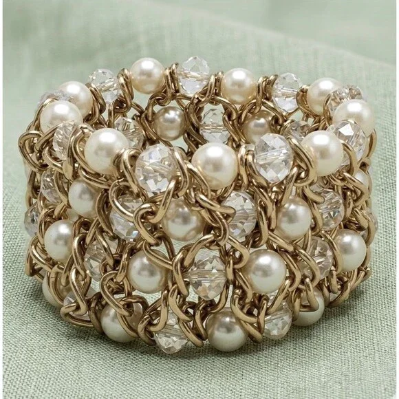 Chunky Stretch Bracelet Gold Tone White Clear Beads