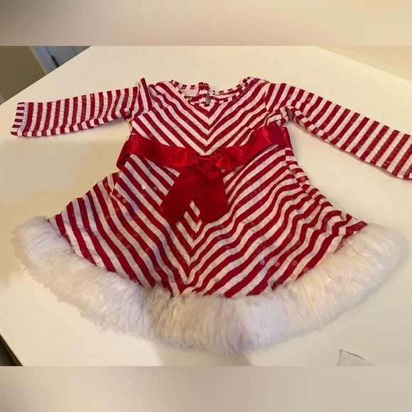 CHRISTMAS BOBBIE BABY DRESS SIZE 18 MONTHS RED/WHITE DIAGONAL STRIPES