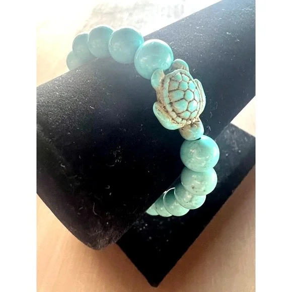Turquoise Tone Stone Turtle Stretch Bracelet Boho Coastal Beach Jewelry Ocean‎