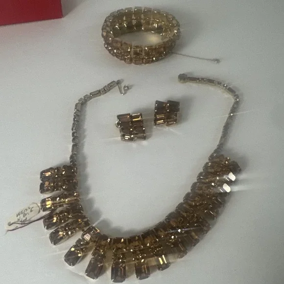 A Vintage Weiss Set in‎ Amber Rhinestones and Goldtone Necklace Bracelet Earring