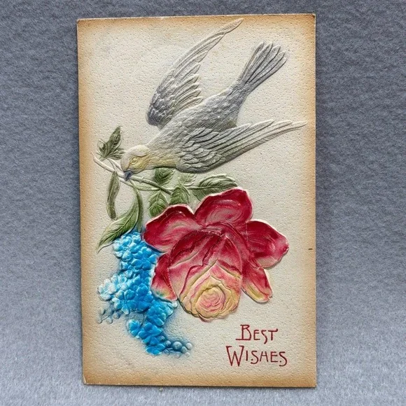 White Dove‎ Red Rose Blue Flowers Best Wishes Embossed c1900s POSTCARD