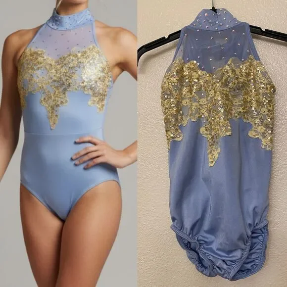 Rare Kelle dance solo costume illusion blue gold contemporary drape back LC chil