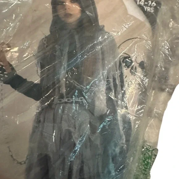 Reaper Costume Girls XXL 14-16 Dress Hooded Cape Waist Chain‎ Scythe