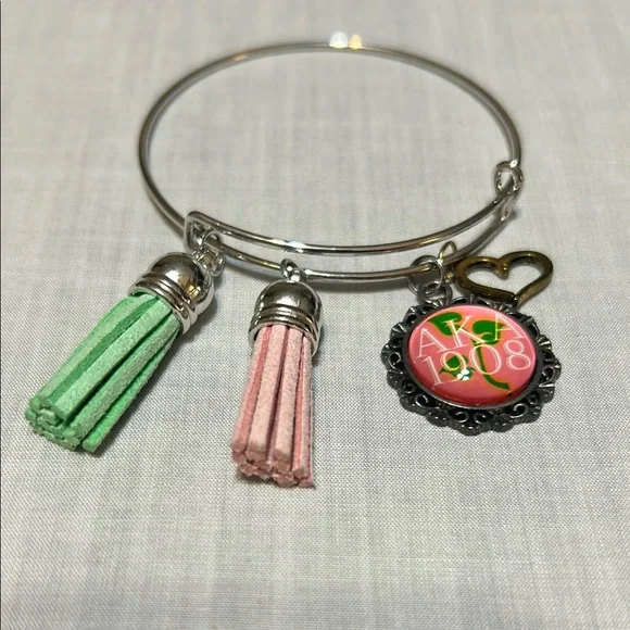 AKA Alpha Kappa Alpha Silver Bracelet Pink/Green Tassels with 1908/ heart charm