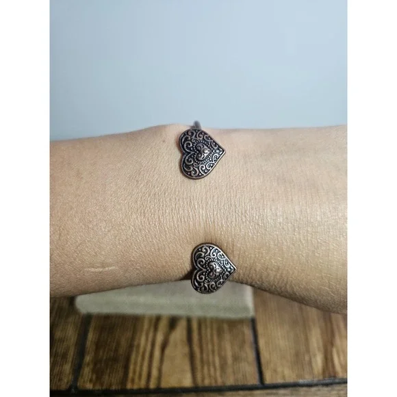 Antique Copper Filigree Double Heart Open Cuff Bangle Bracelet