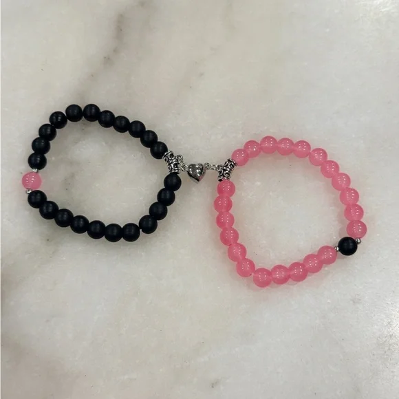 Pink & Black Beaded Heart Charm Couples Bracelet Set