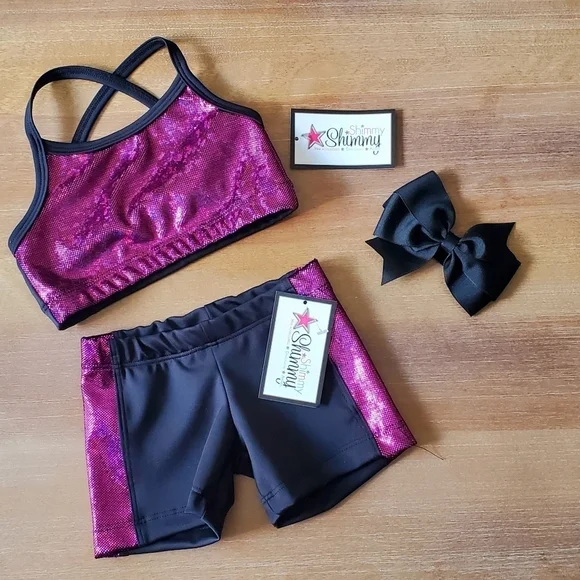 Shimmy Shimmy Inc Fuschia Hologram Dance crop top and short Set NWT Cheer Gym