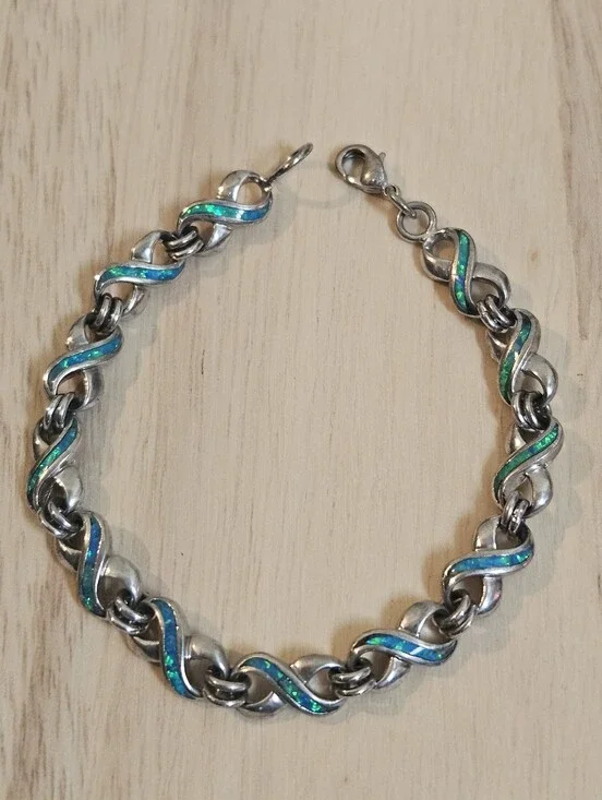Fire Blue Opal Sterling Silver Infinity Link 925 Bracelet 7