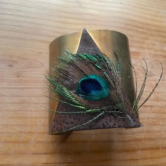 Brass peacock feather cuff bangle bracelet