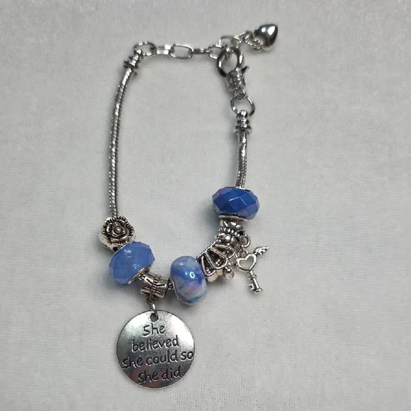 Blue Silver Beaded Charm Bracelet Silver Tone Heart Key Charms Crown Flower bead