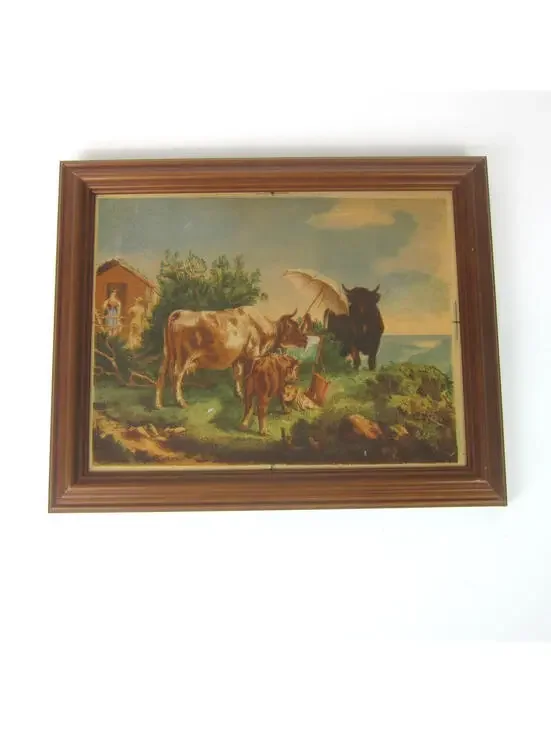 Antique Chromolithograph Art Print Cow As Painter 12x10 Frame Josef Julius Durst