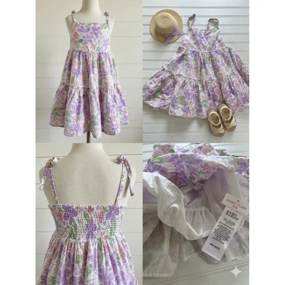 Sigrid Olsen Kids Floral Tiered Sundress Size 5 Purple Pink Dotted Swiss Cotton