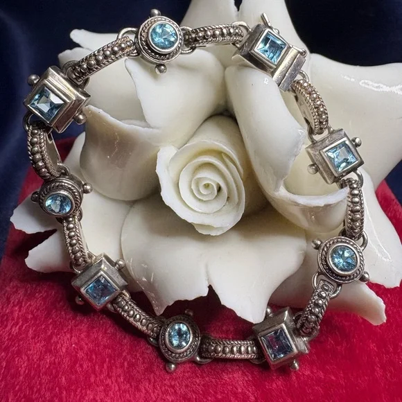 Bracelet Vintage 925 Sterling Silver Art Deco Brutalist Aquamarine Gemstone