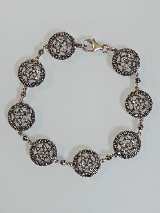 Sterling Silver Marcasite Round Open Work Vintage 925 Bracelet 7