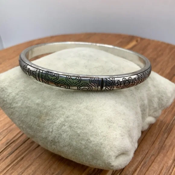 Brighton Silver-Tone Floral and Love Pattern Engraved Bangle Bracelet