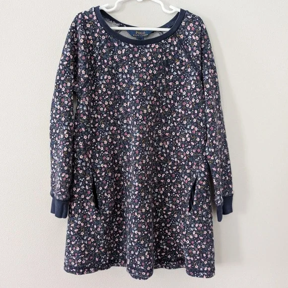 Polo Ralph Lauren Little Girls Sweatshirt Dress‎ SIZE 7 Floral Pockets Casual