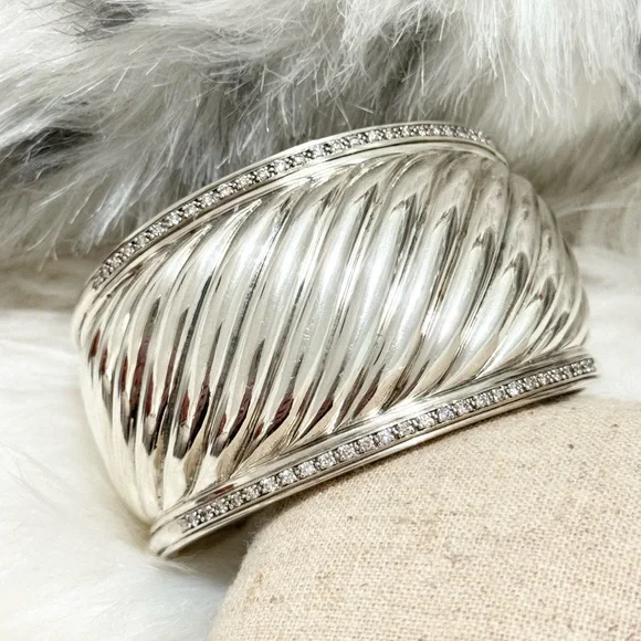 David Yurman Thoroughbred Wide Diamond Cable Cuff Bracelet .925