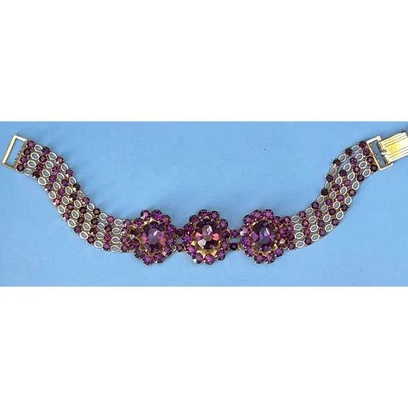 Vintage Purple Rhinestone Cluster Multi Strand Bracelet GORGEOUS!!
