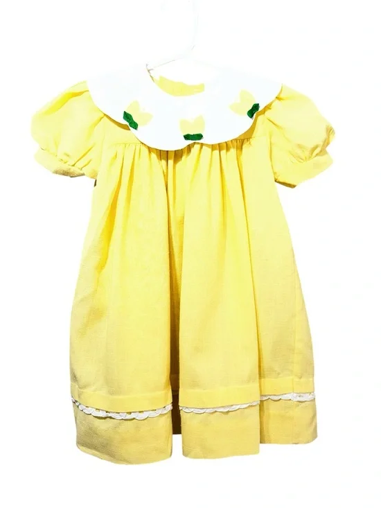 Peaches N Cream Vintage Yellow Tulip Dress 3T Toddler Girls Peter Pan Collar