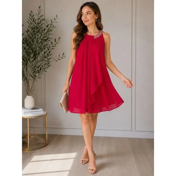 R&M Richards Scarlet Red Beaded Rhinsestone Halter Chiffon Blouse Medium