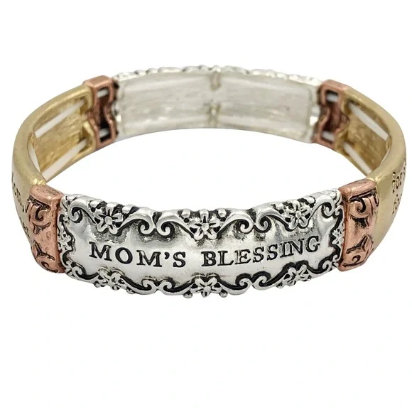 Mom’s Blessing Tri-tone Silver Gold Copper Inspirational Gift Stretch Bracelet