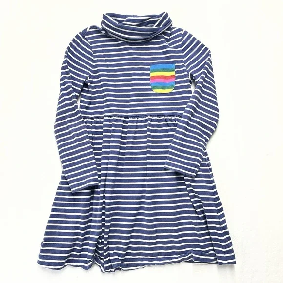 Boden Striped Roll Neck Dress Girls 8-9Y Rainbow Pocket Long Sleeve Pockets