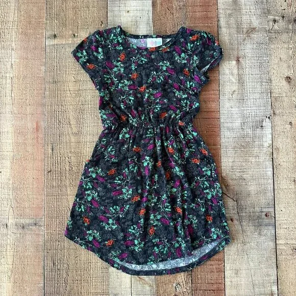 LuLaRoe Girls Floral Dress Size 6 Black Multicolor Short Sleeve Knee Length
