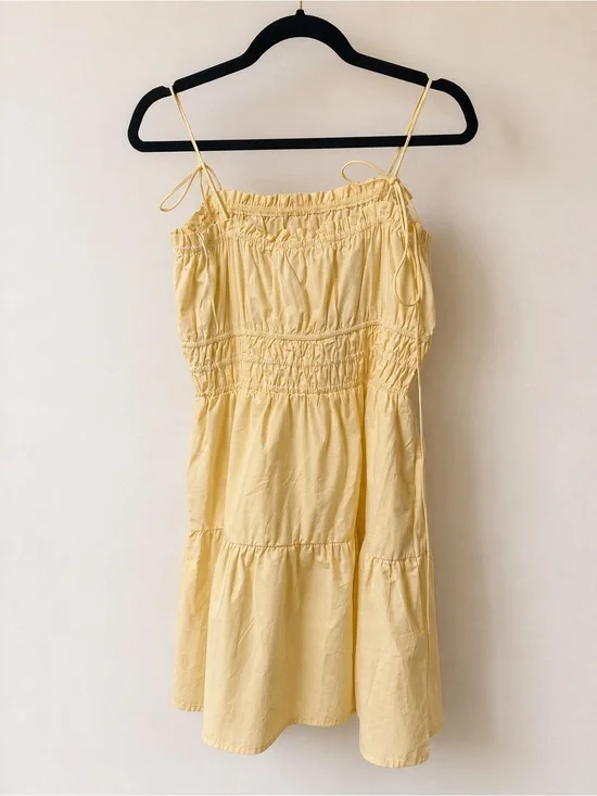 Mini Yellow Dress Ruched Tie Strap Smocked Sundress