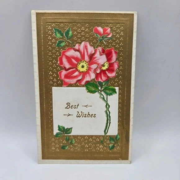 Antique Best Wishes Postcard Pink Floral Gold Embossed Made in Germany